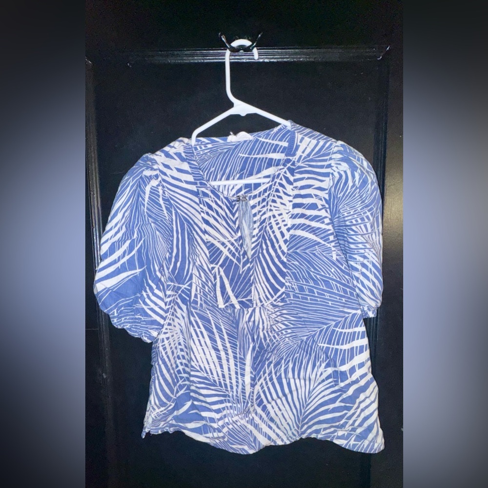 Panama Jack Blue and White Palm-Print Blouse